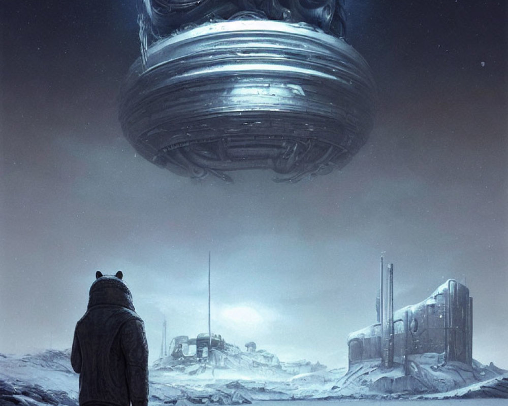 Person in heavy coat gazes at futuristic spherical structure in snowy landscape