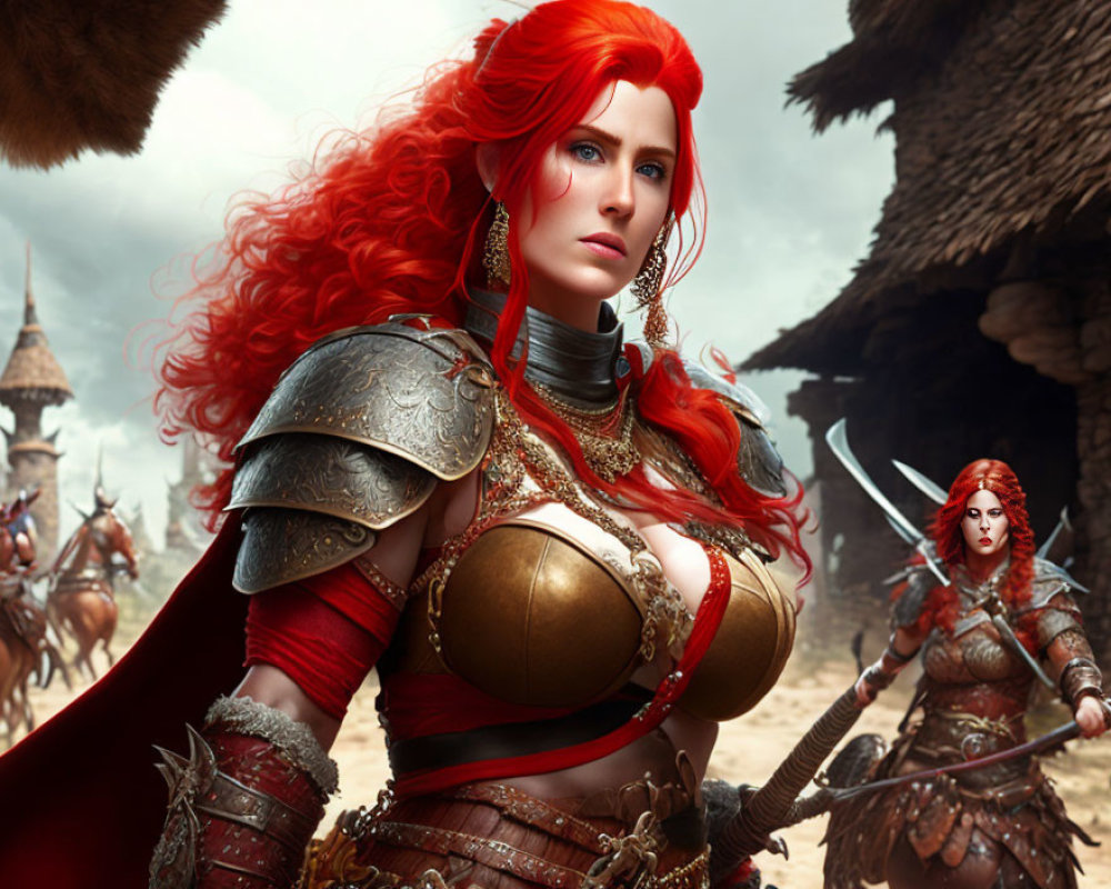 Detailed digital illustration of red-haired female warrior in armor under stormy sky.