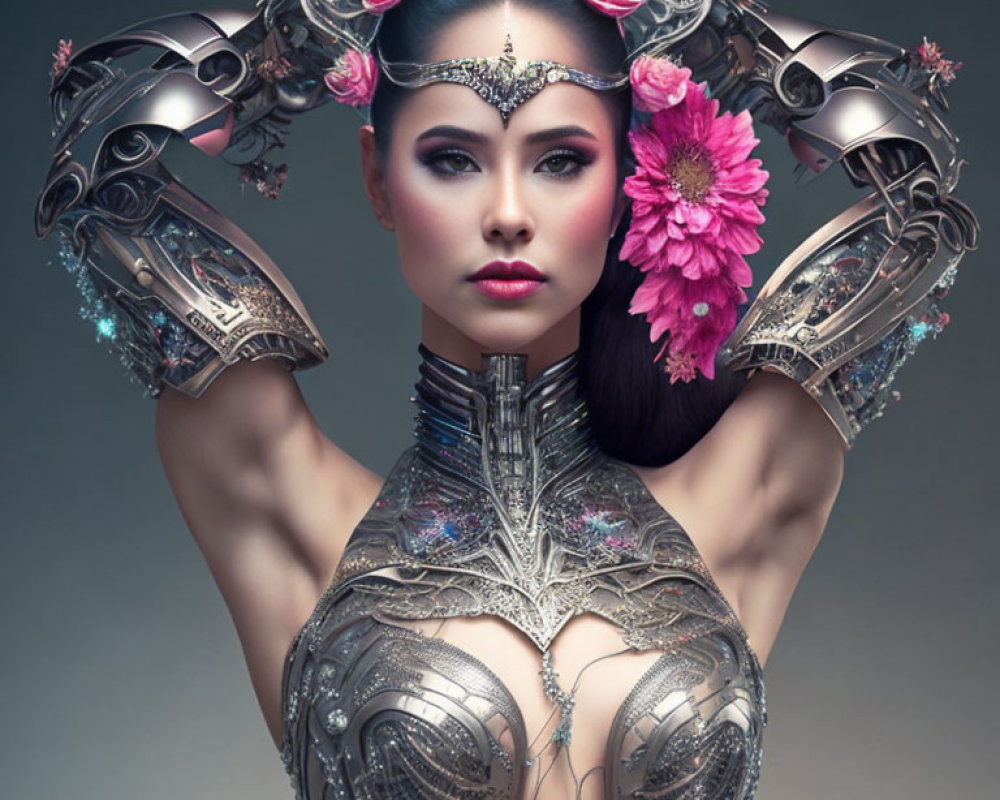 Elaborate metallic armor and floral headpiece on a futuristic woman