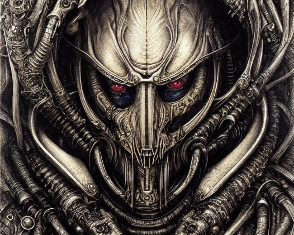 Detailed Drawing of Menacing Cybernetic Entity with Skull-like Face