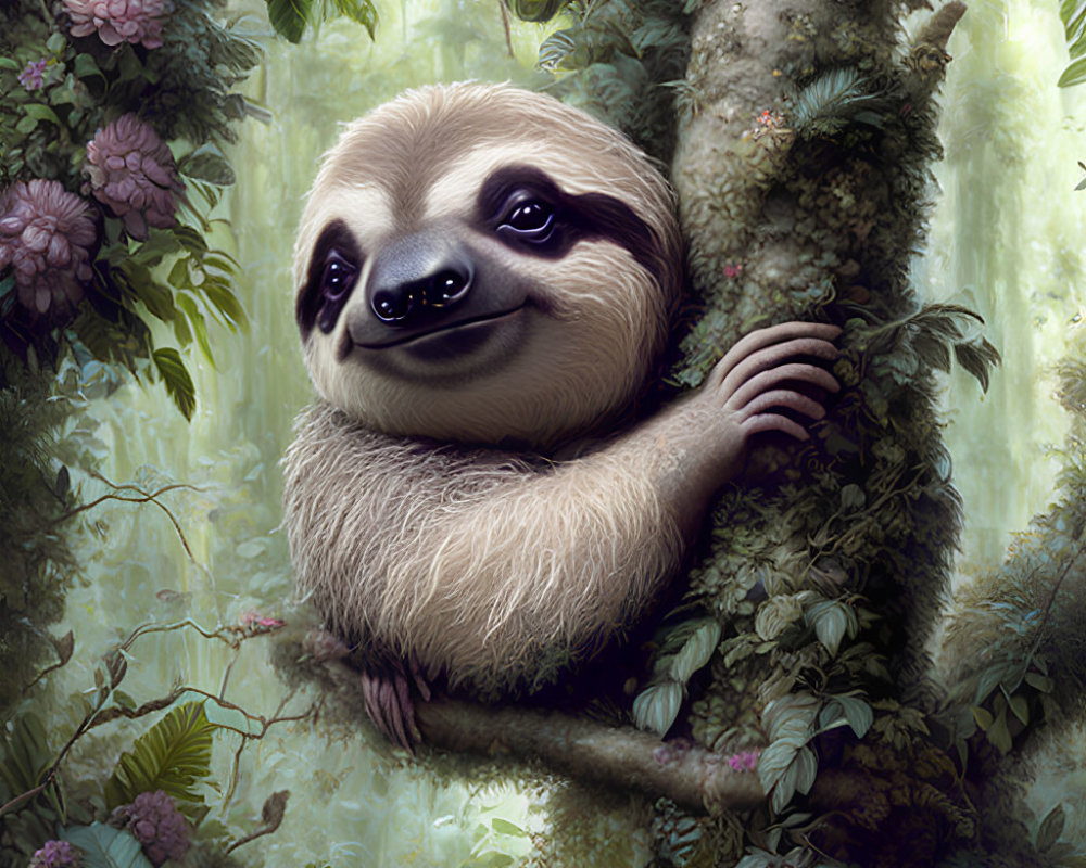 Tranquil sloth on tree branch surrounded by greenery and pink blooms