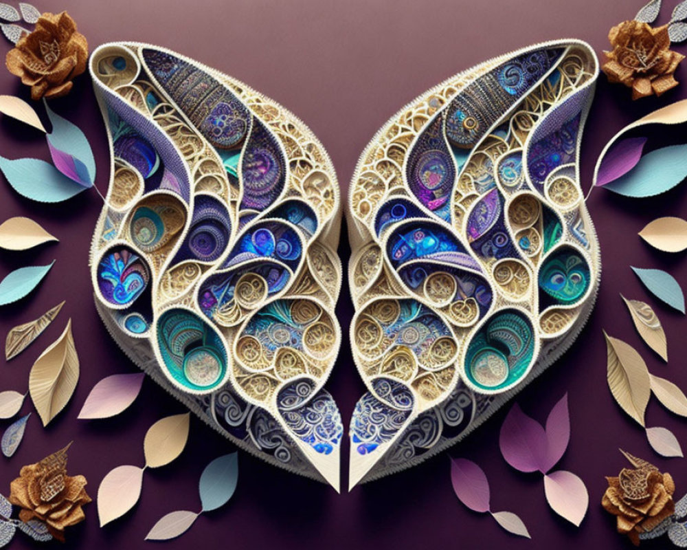 Symmetrical paper quilling artwork of butterfly wings with colorful patterns on purple background.