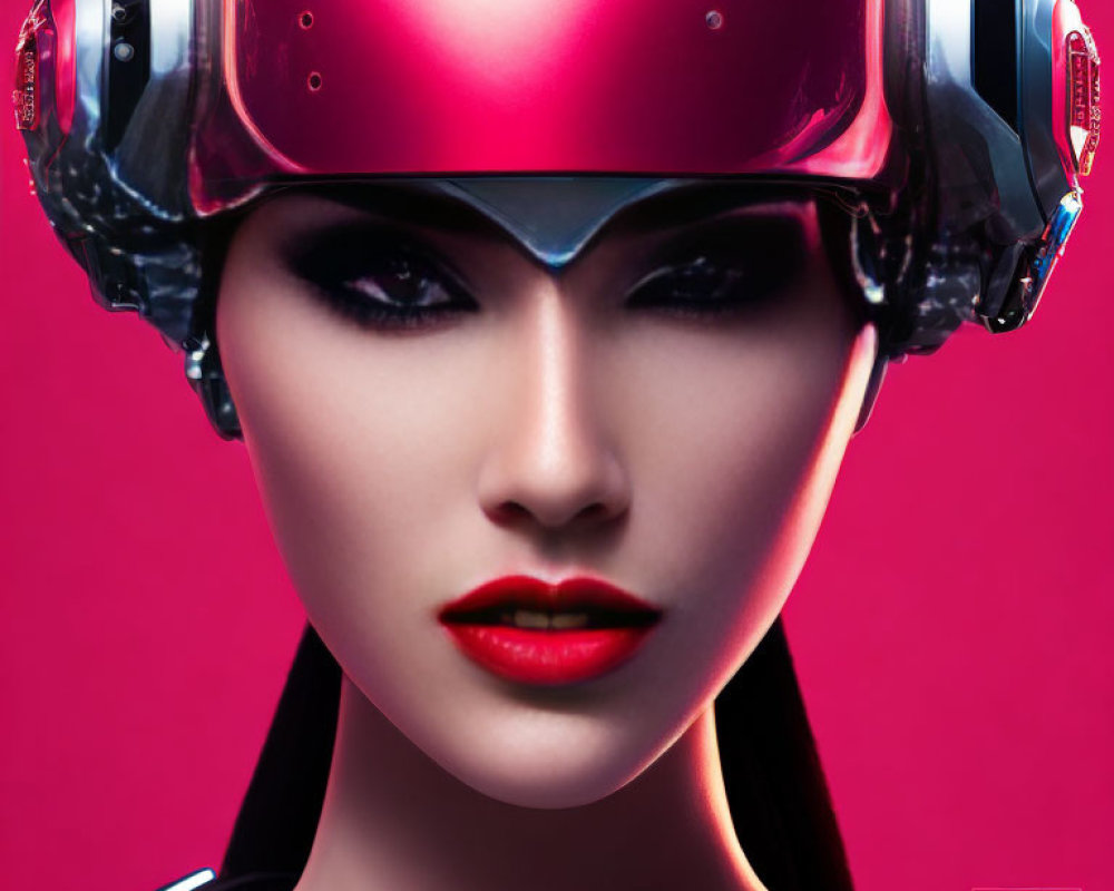 Futuristic Asian woman in red helmet with bold lips on pink background