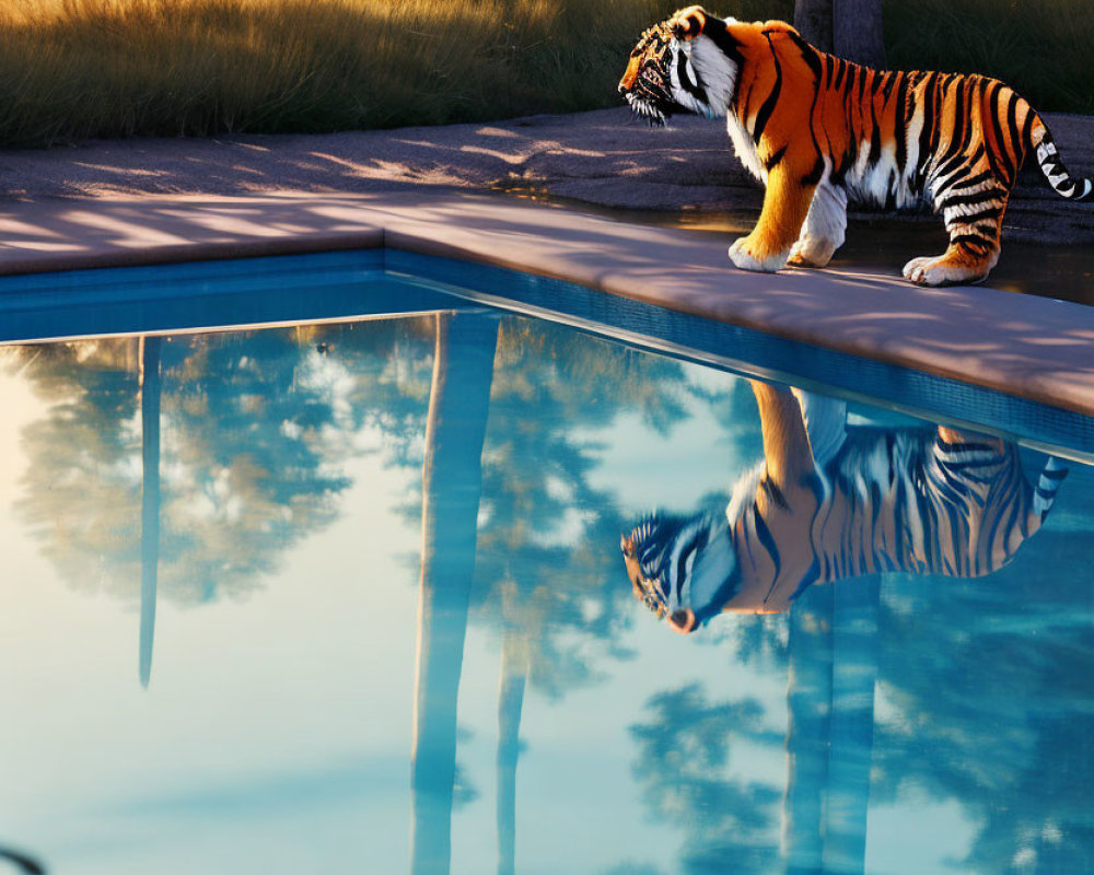 Tiger by tranquil pool with reflection, lush greenery, clear sky