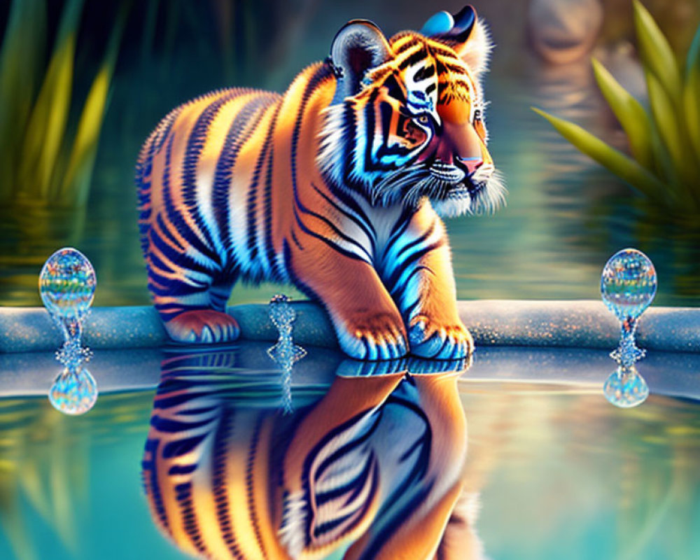 Colorful Tiger with Bold Stripes by Water's Edge and Crystal Orbs