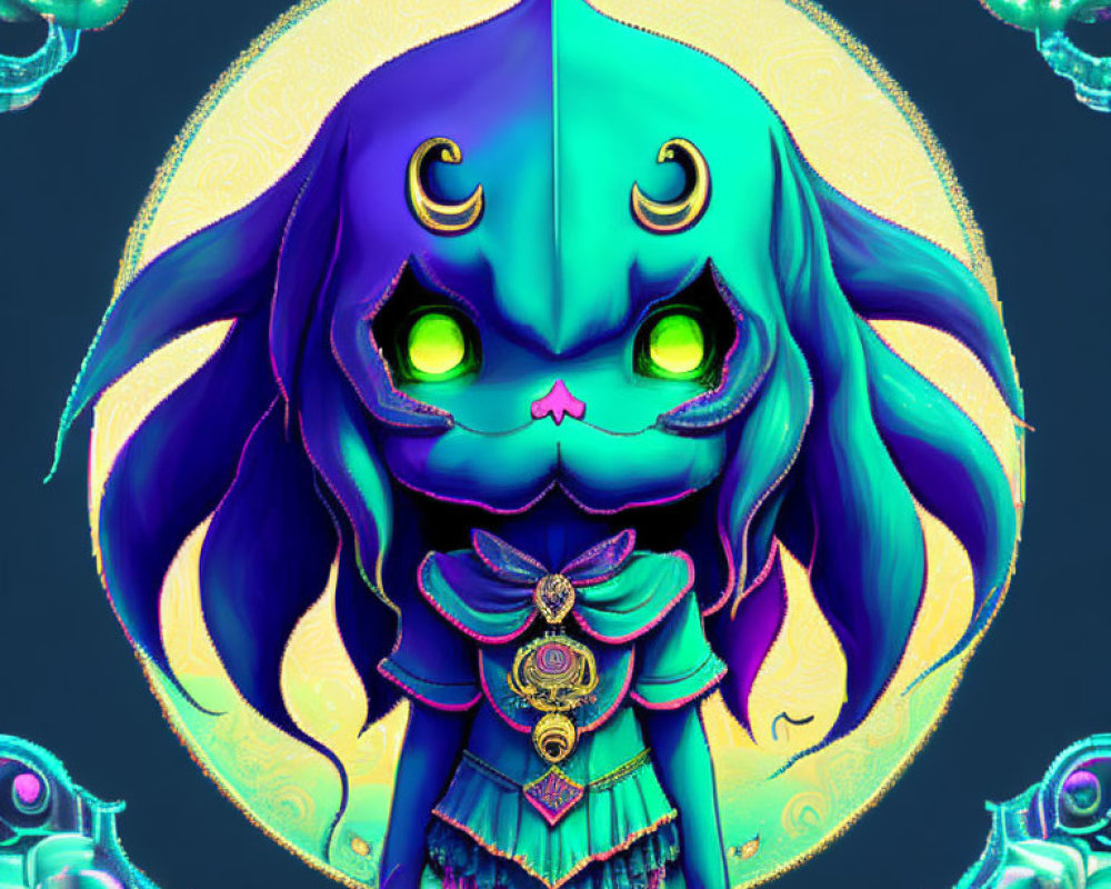 Colorful Chibi-Style Creature with Glowing Green Eyes and Tentacles