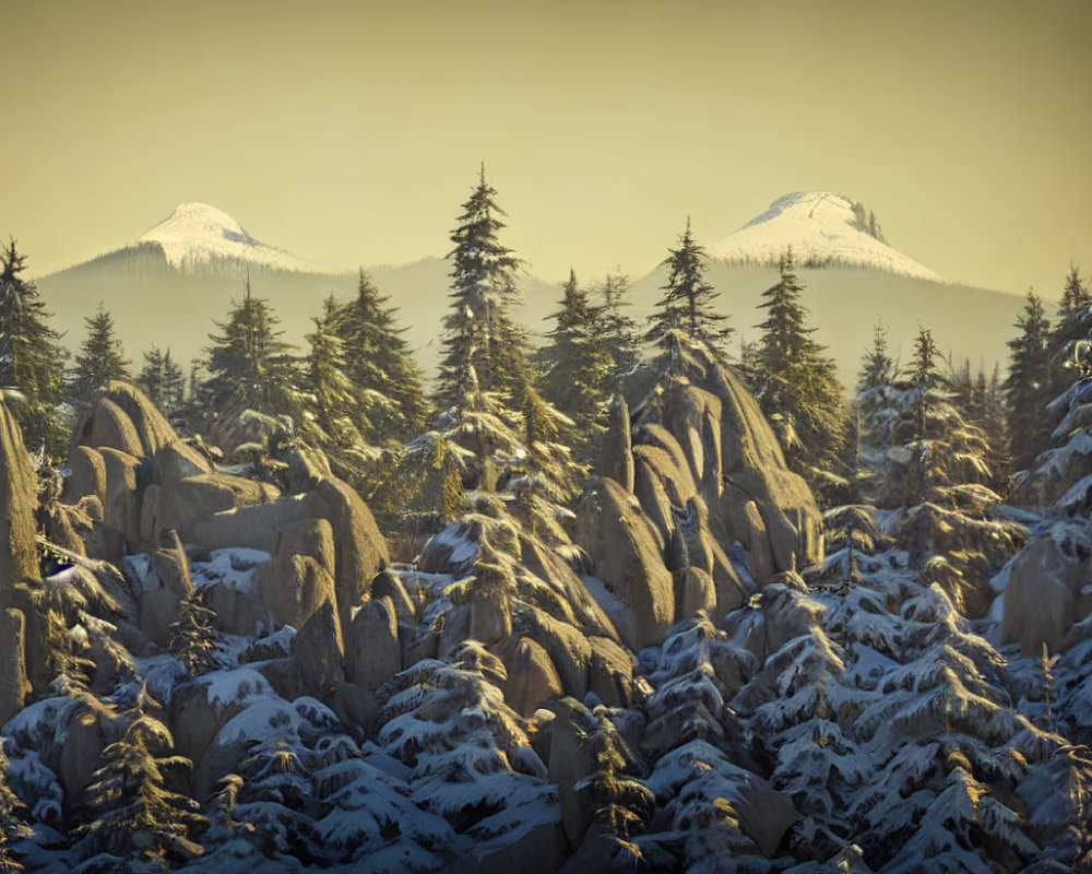 Snow-covered Rocky Terrain with Coniferous Trees and Snow-Capped Peaks