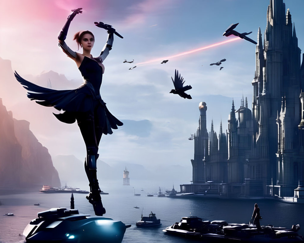 Futuristic woman in black costume on water platform with advanced cityscape.