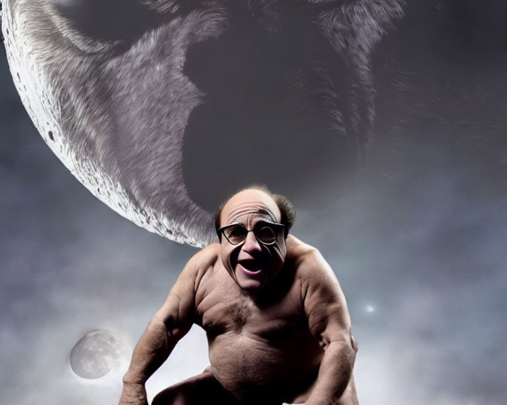 Surreal image of shirtless man with exaggerated features crouching under giant and small moons