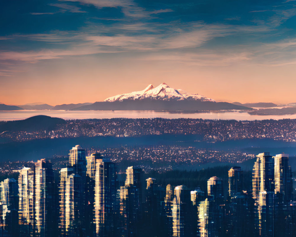 City skyline at dusk with skyscrapers, water reflections, and snow-capped mountain backdrop.