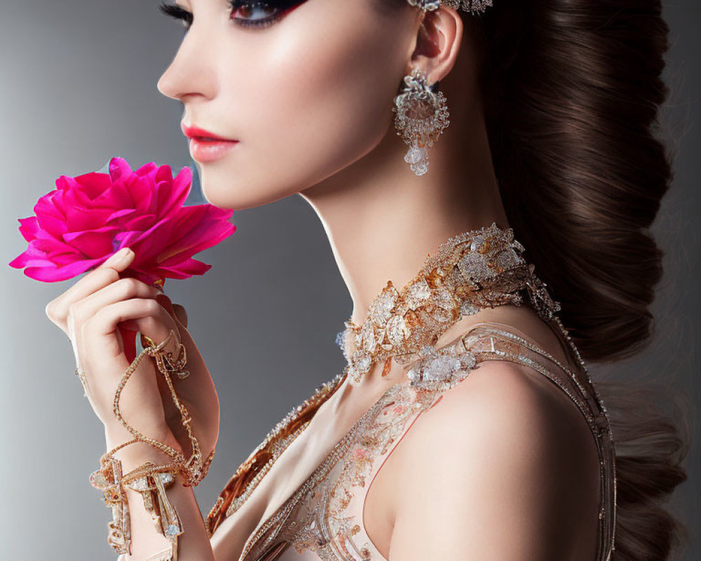 Elegant woman with elaborate jewelry holding a vibrant pink flower