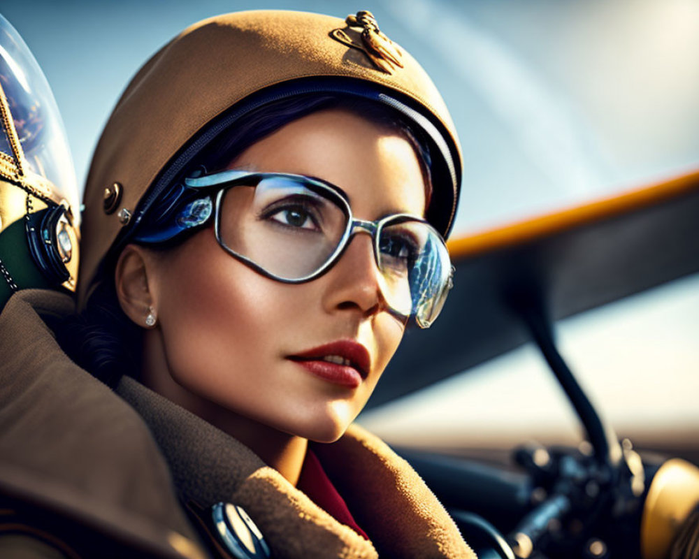 Female pilot in uniform poses by vintage airplane cockpit at sunset