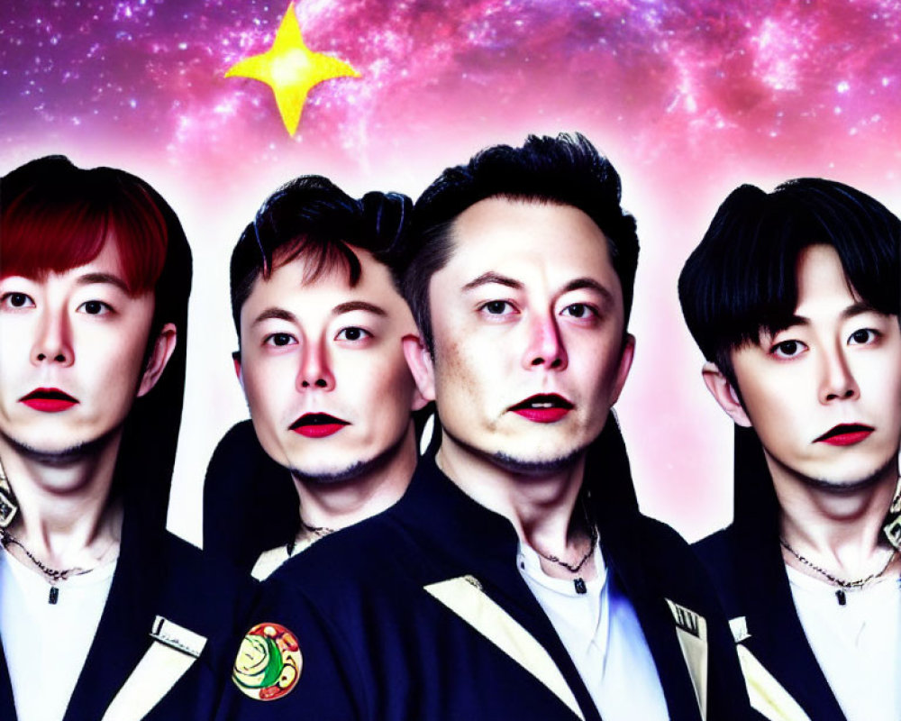 Four men in uniforms against cosmic backdrop with galaxy and star