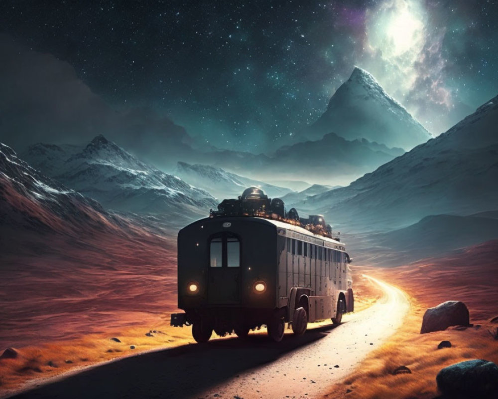 Retro-futuristic bus on winding mountain road under starry sky