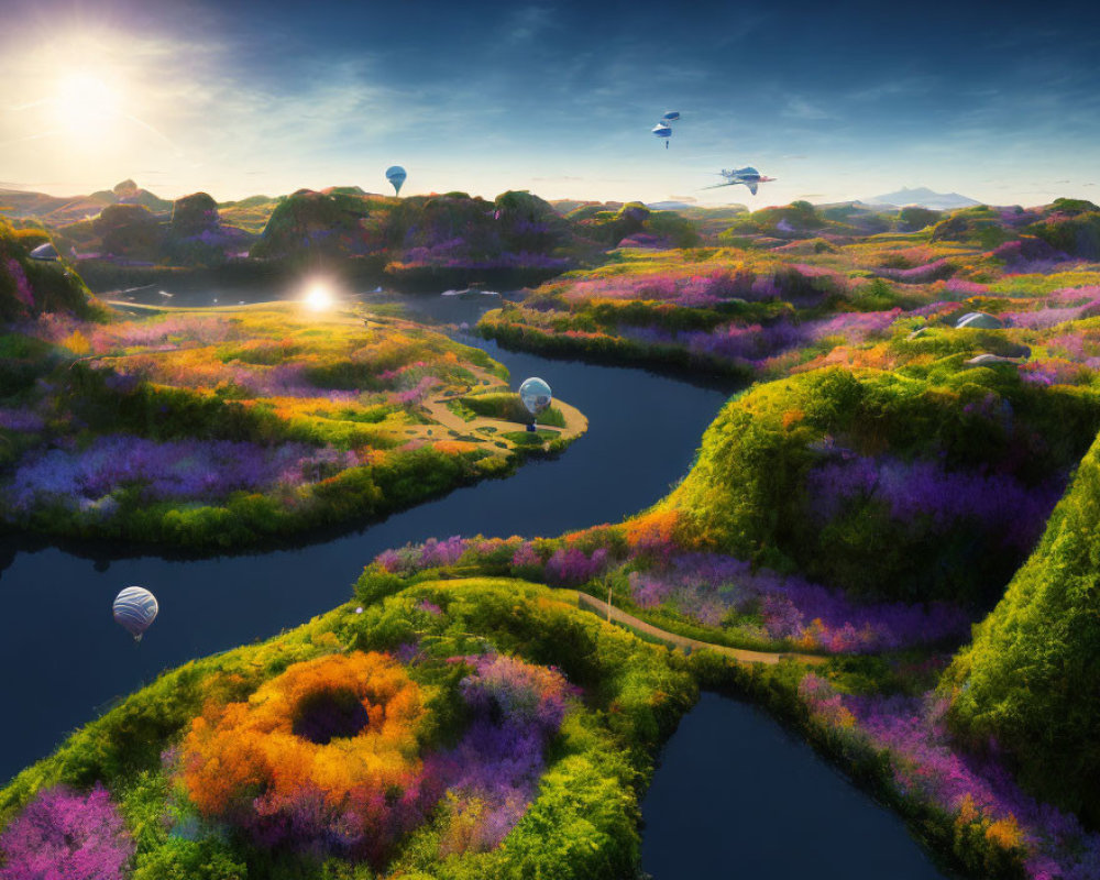 Colorful landscape with flowers, rivers, hot air balloons, and sunrise glow