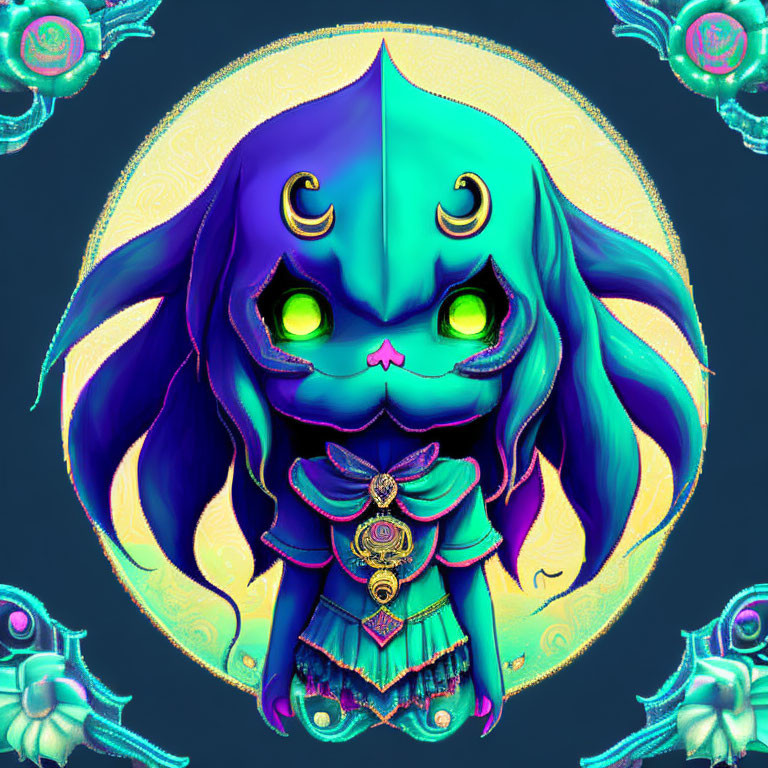 Colorful Chibi-Style Creature with Glowing Green Eyes and Tentacles