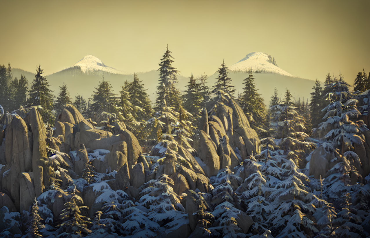 Snow-covered Rocky Terrain with Coniferous Trees and Snow-Capped Peaks