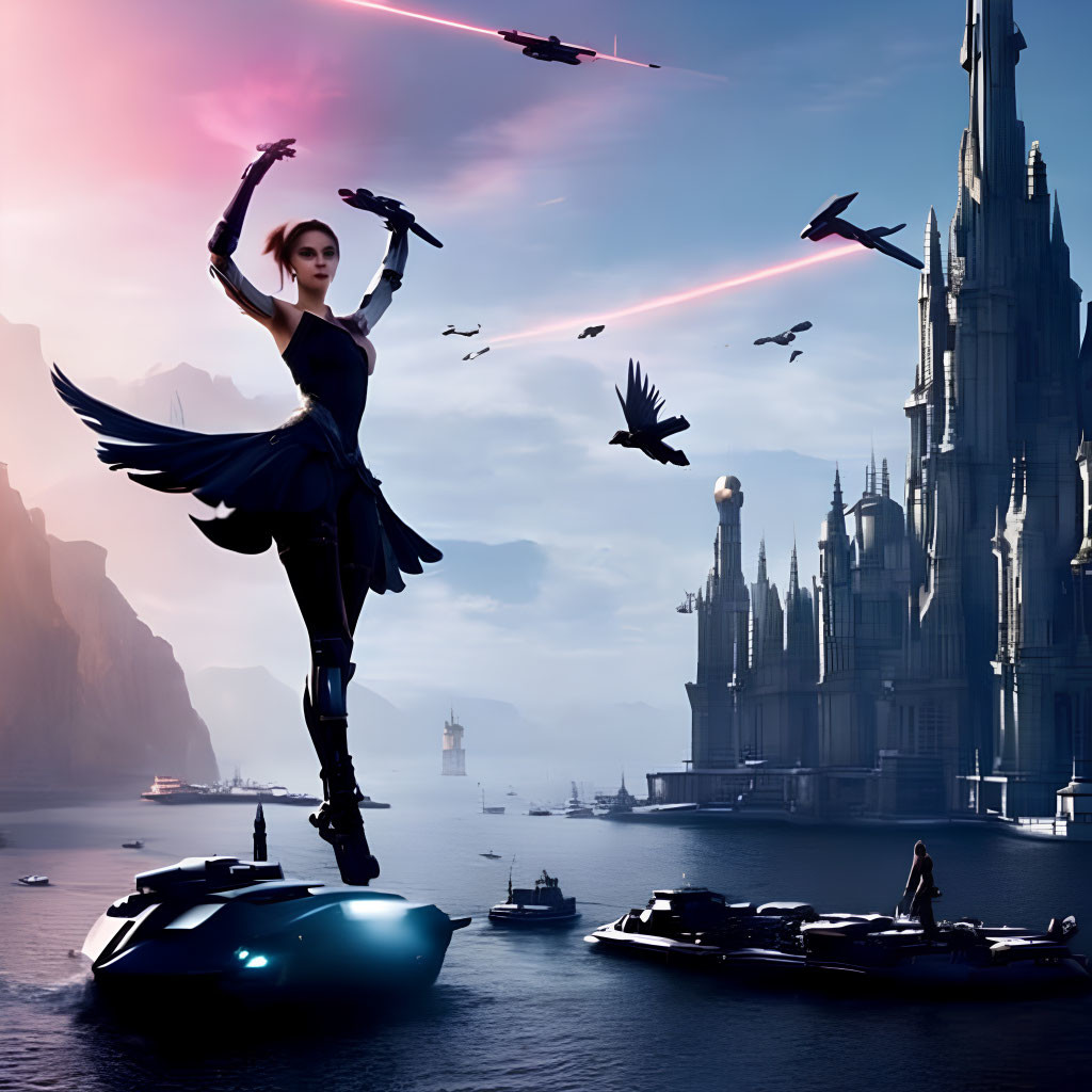 Futuristic woman in black costume on water platform with advanced cityscape.