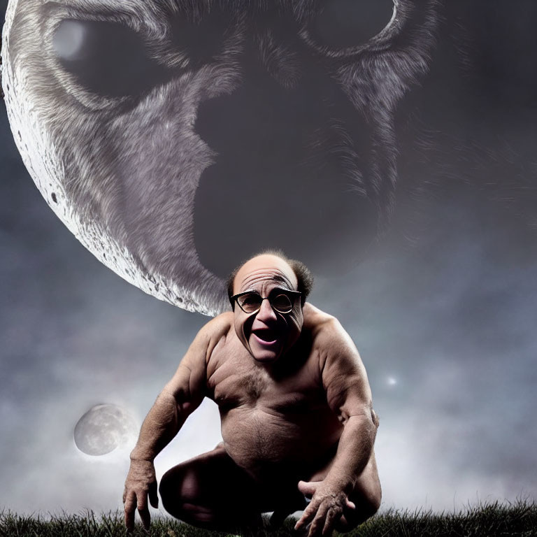 Surreal image of shirtless man with exaggerated features crouching under giant and small moons