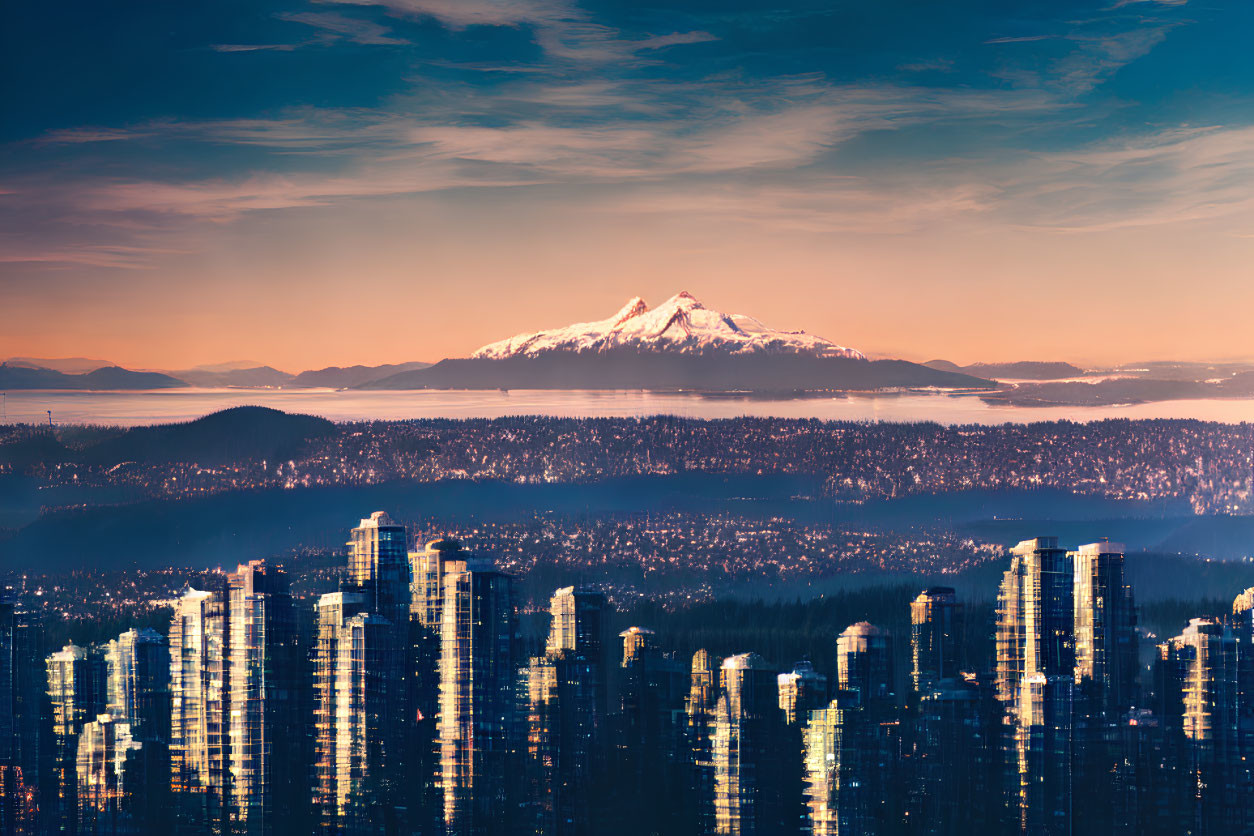 City skyline at dusk with skyscrapers, water reflections, and snow-capped mountain backdrop.