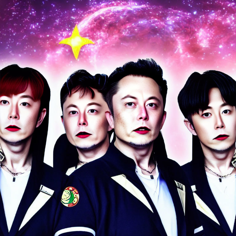 Four men in uniforms against cosmic backdrop with galaxy and star