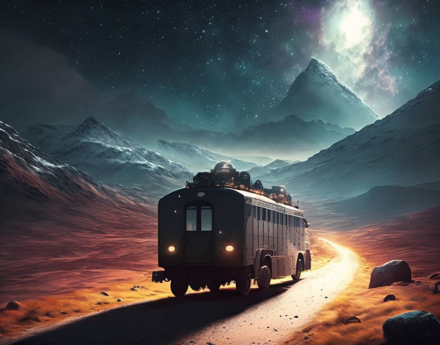 Retro-futuristic bus on winding mountain road under starry sky