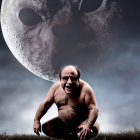 Surreal image of shirtless man with exaggerated features crouching under giant and small moons