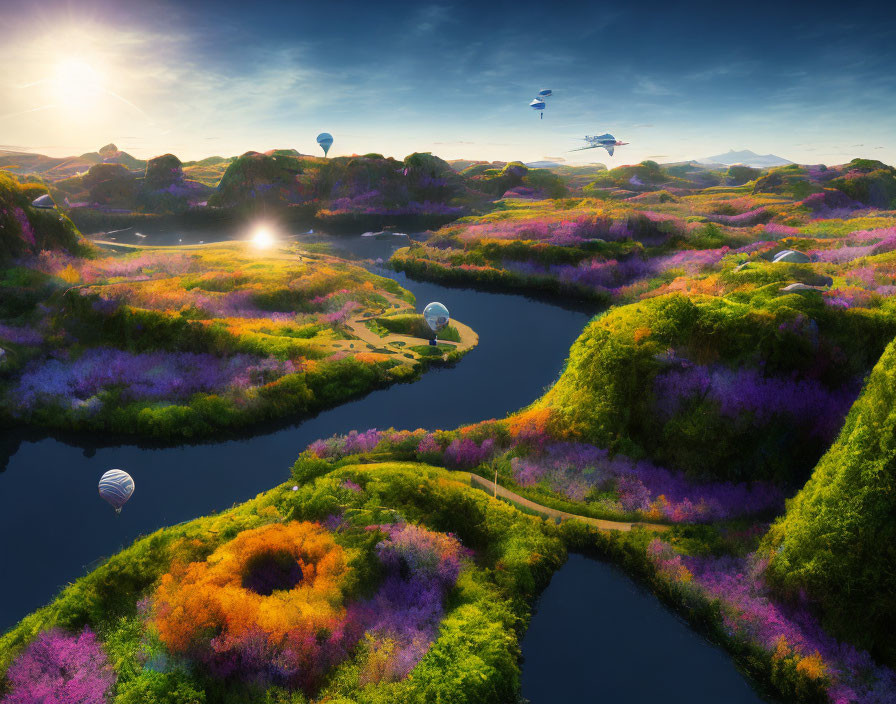 Colorful landscape with flowers, rivers, hot air balloons, and sunrise glow