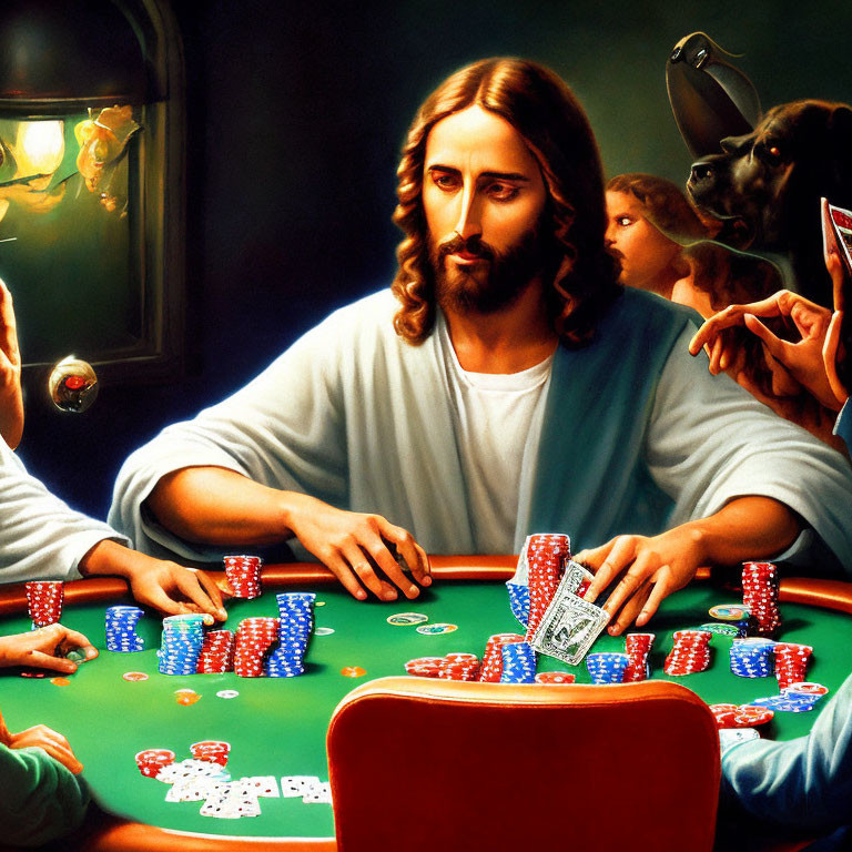 Religious figure at poker table with chips and players