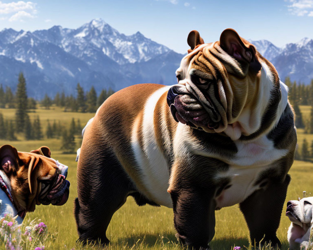 Oversized bulldogs in mountain meadow with muscular build