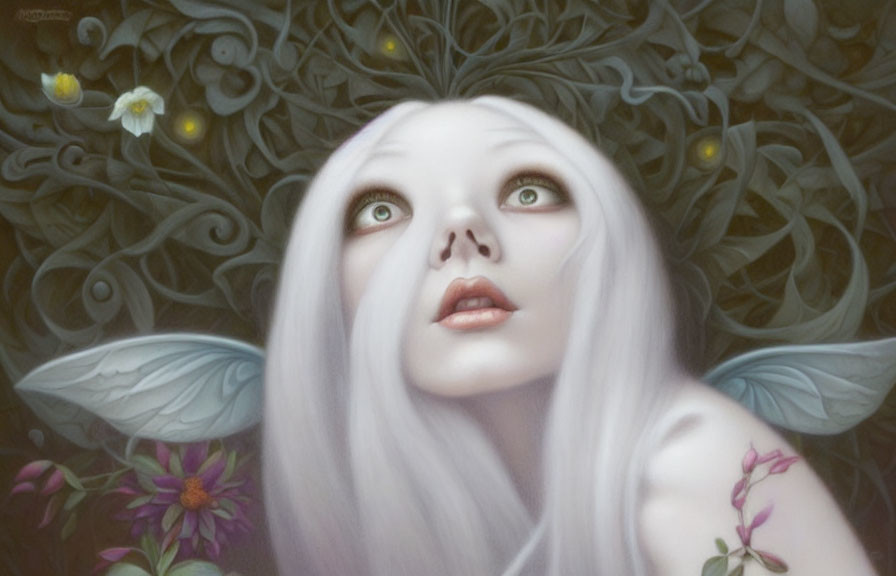 Fantasy illustration of wide-eyed female fairy with white hair and translucent wings among flowers in dark, lush