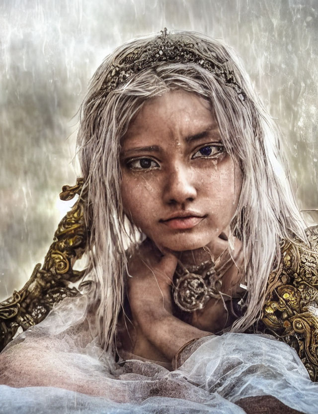 Young woman with silver hair and golden headpiece gazes intently.