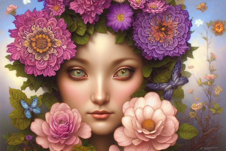 Vibrant surreal portrait of a woman with large luminous eyes and floral hair surrounded by butterflies and