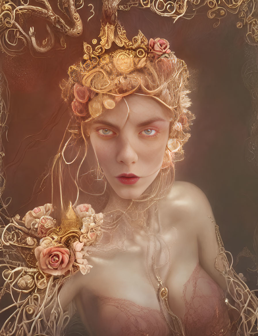 Mystical figure with red eyes and golden crown holding heart-shaped object