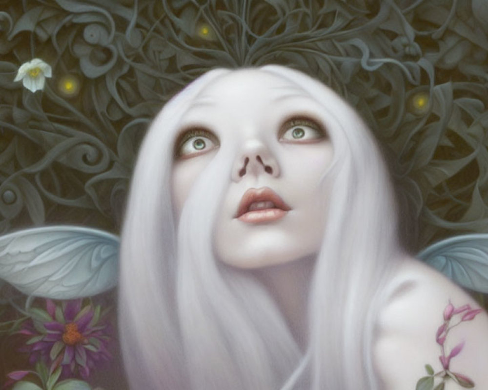 Fantasy illustration of wide-eyed female fairy with white hair and translucent wings among flowers in dark, lush