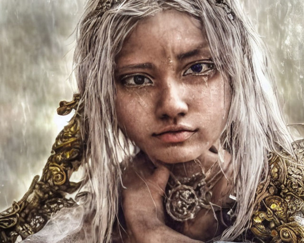 Young woman with silver hair and golden headpiece gazes intently.