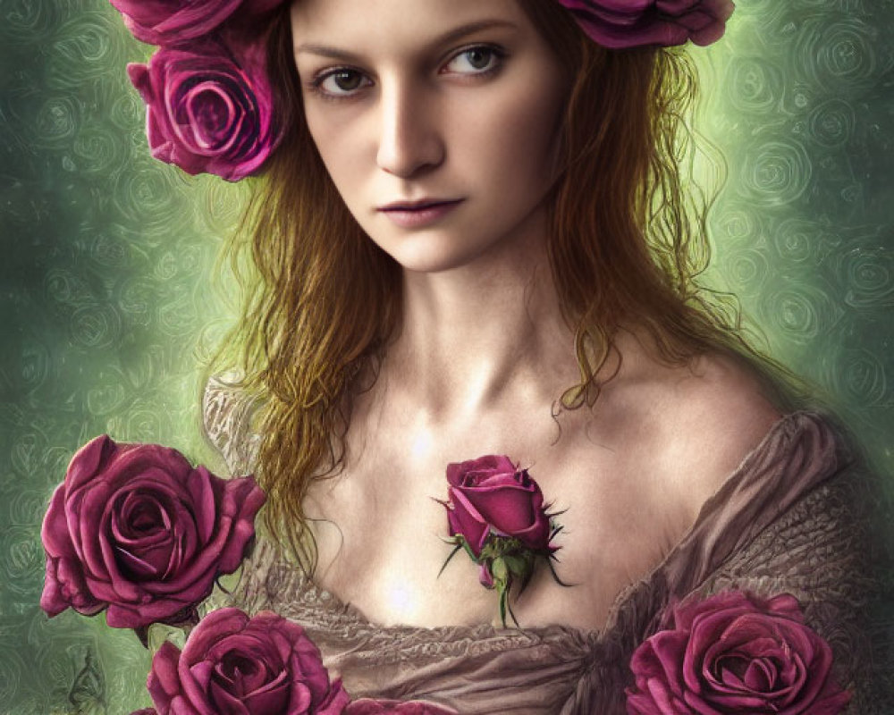 Portrait of woman with deep red roses in hair and hand on green textured backdrop