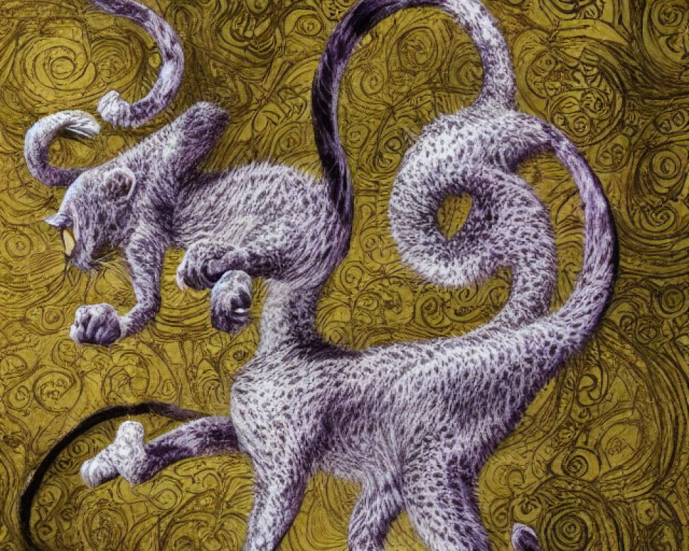 Detailed drawing of two purple cats on golden swirl background