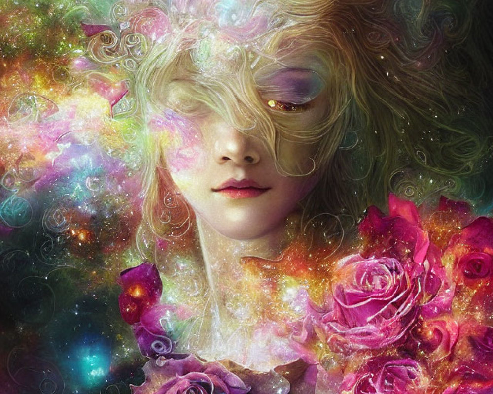 Fantasy portrait of a woman with celestial hair and cosmic background.