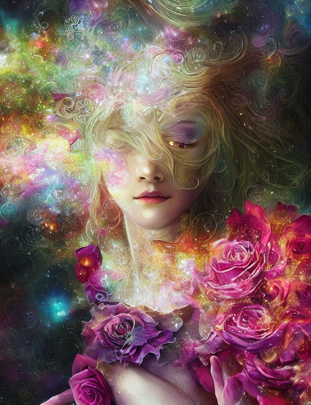 Fantasy portrait of a woman with celestial hair and cosmic background.