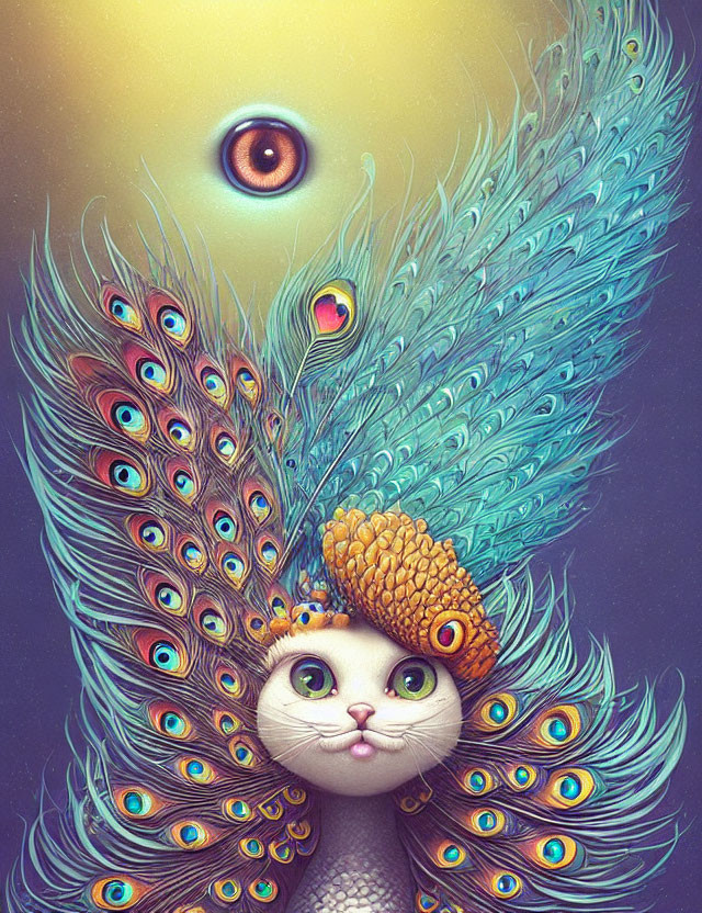 Colorful illustration: cat with peacock feathers and oversized eye in knitted cap