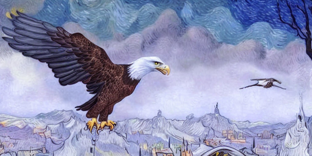 Illustration of bald eagle perched with spread wings in stylized landscape