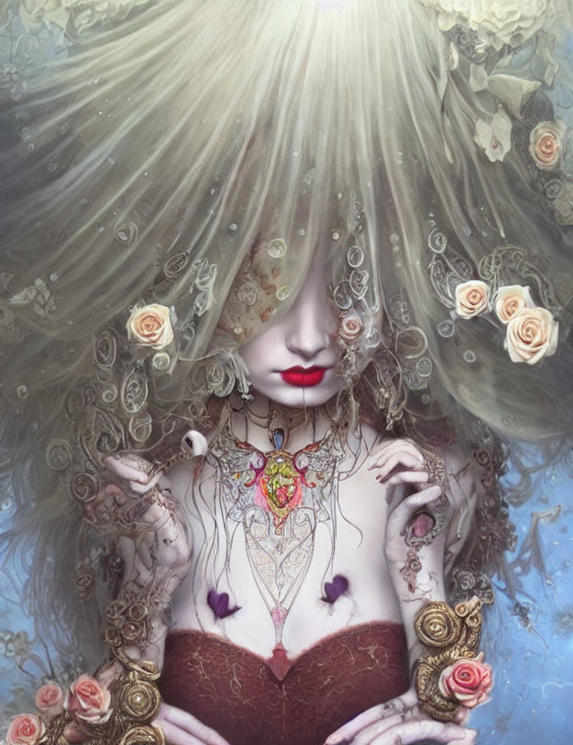 Ethereal woman with roses in flowing hair and dark corset.