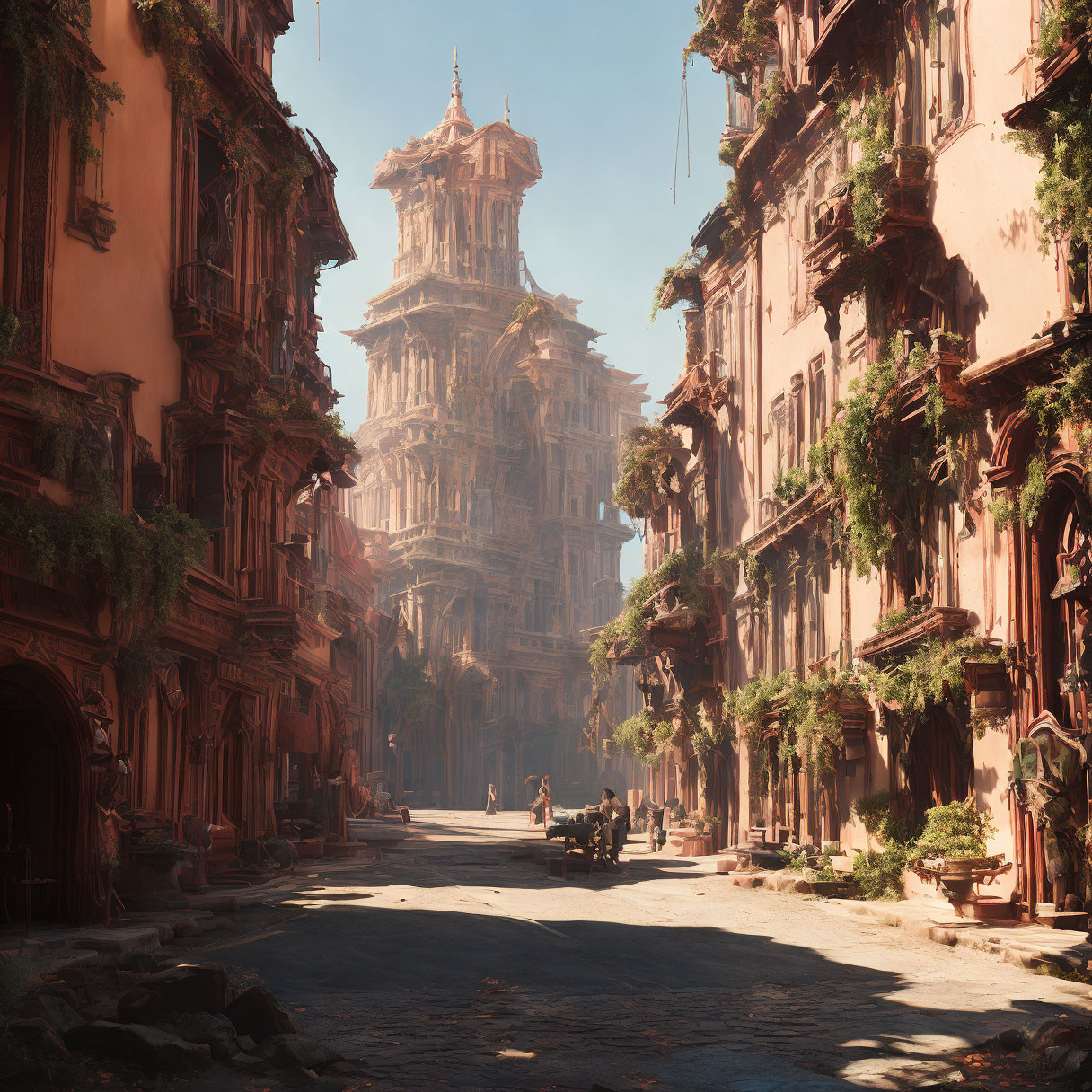 Abandoned city street with overgrown plants on classical buildings