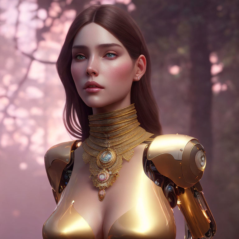 Female android in bronze-golden armor with ornate necklace on pink background