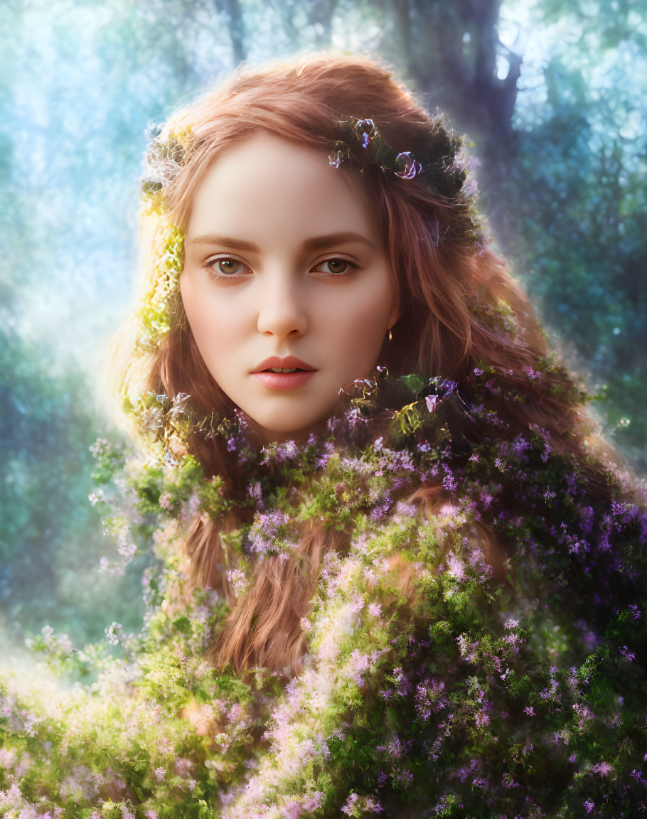 Woman in Floral Crown Surrounded by Ethereal Woodland Setting