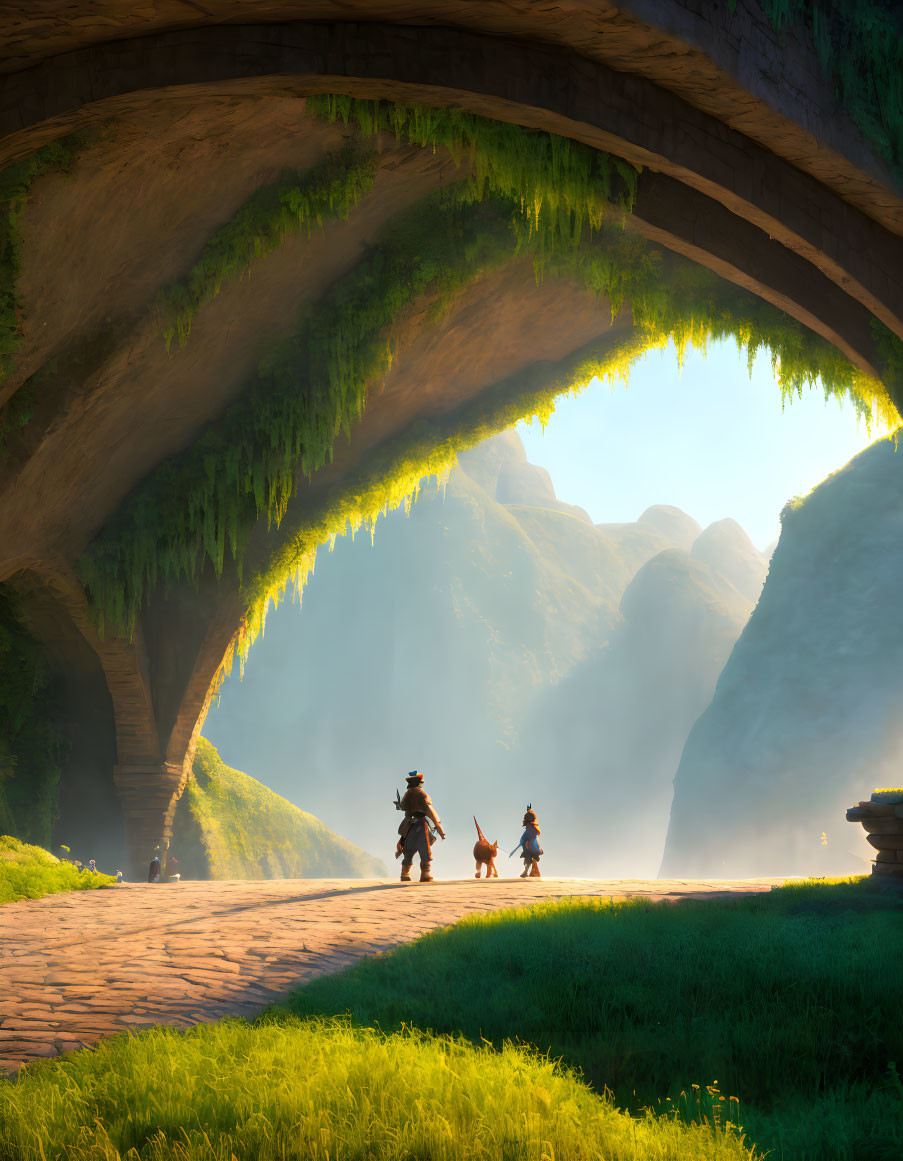 Adventurers under ancient stone bridge in lush valley