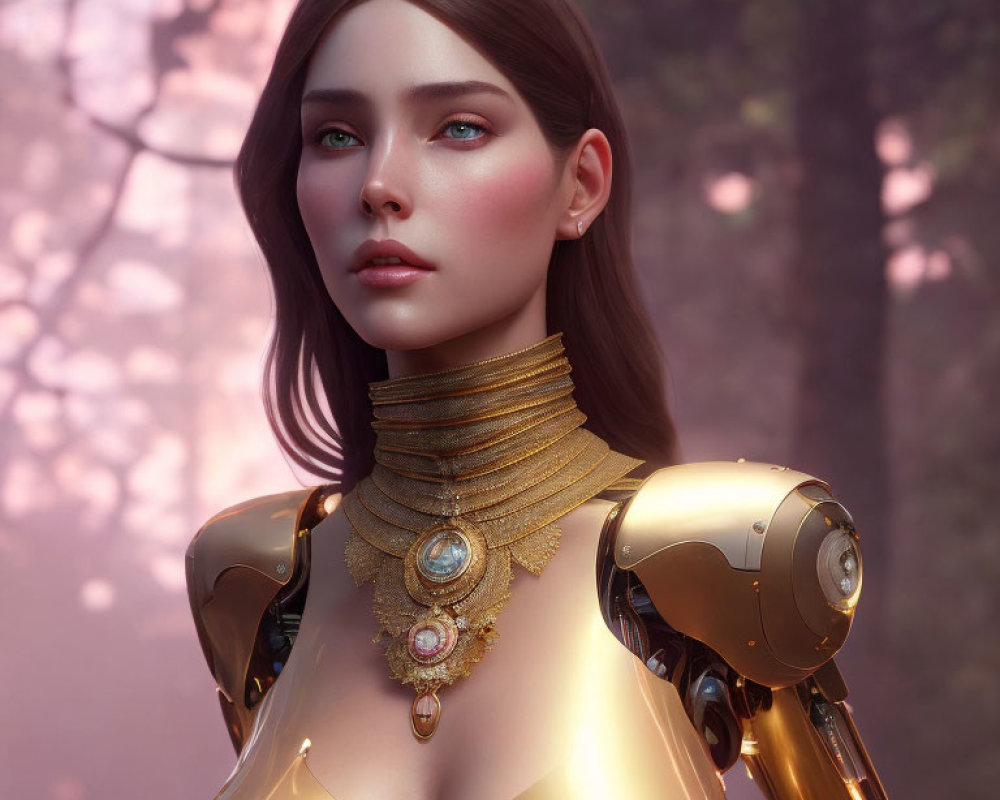 Female android in bronze-golden armor with ornate necklace on pink background