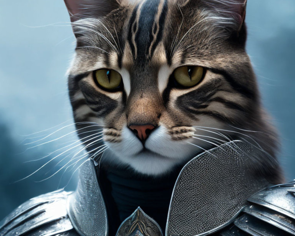 Tabby cat in silver knight's armor with yellow eyes