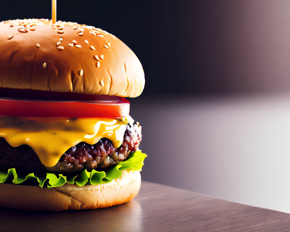 Classic cheeseburger with lettuce, tomato, melted cheddar on sesame bun